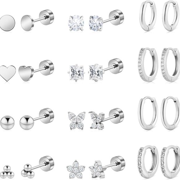 Hypoallergenic Surgical Steel Earring Set with 12 Pairs for Multiple Piercings, - Picture 1 of 8